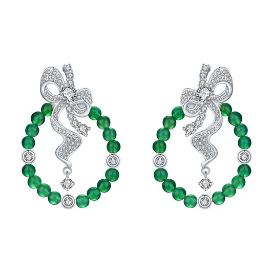 Boucles d'Oreilles Créoles Nœud Argent S925 - Chrysoprase Verte