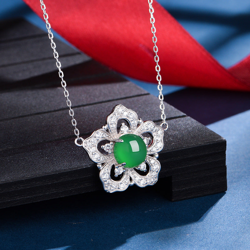 Collier Argent S925 Trèfle Fleur - Pendentif Chrysoprase Verte 8mm