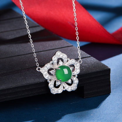 Collier Argent S925 Trèfle Fleur - Pendentif Chrysoprase Verte 8mm