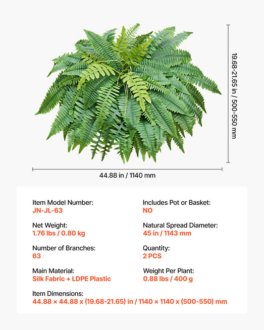 Artificial Ferns, 45 Inch Fake Boston Fern Bush Plant With 63 Fronds, Faux Greenery For Indoor/Outdoor Decor, Silk & LDPE, Suitable For Home Porch Garden Office Living Room Planter, Set Of 2