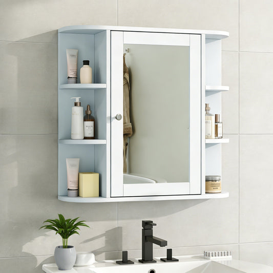 Bathroom Wall Storage Cabinet With Mirror, Medicine Cabinet With Adjustable Wood Shelf & Doors, Mounted Storage Cabinets With 6 Open Shelves, White