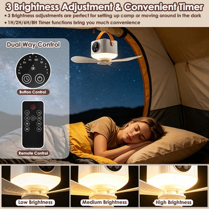 Ventilateur de plafond pour tente avec lumière et trépied, 7200 mAh rechargeable, sur batterie