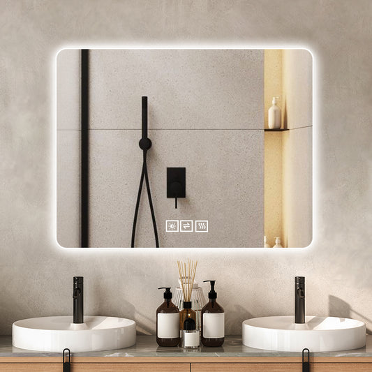 28x36 Inch Bathroom Mirror With Led Lights Front And Backlit, Anti-Fog Lighted Vanity Mirrors For Wall Mounted, 3 Colors And 5 Level Dimmable, Horizontal Vertical