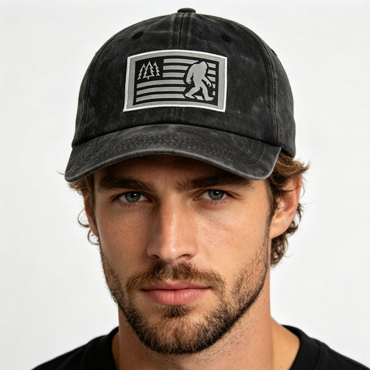 2pcs Bigfoot Sasquatch American Flag Baseball Cap - Vintage Washed Cotton Hat For Men & Women, Adjustable Low Profile Outdoor Trucker Hat