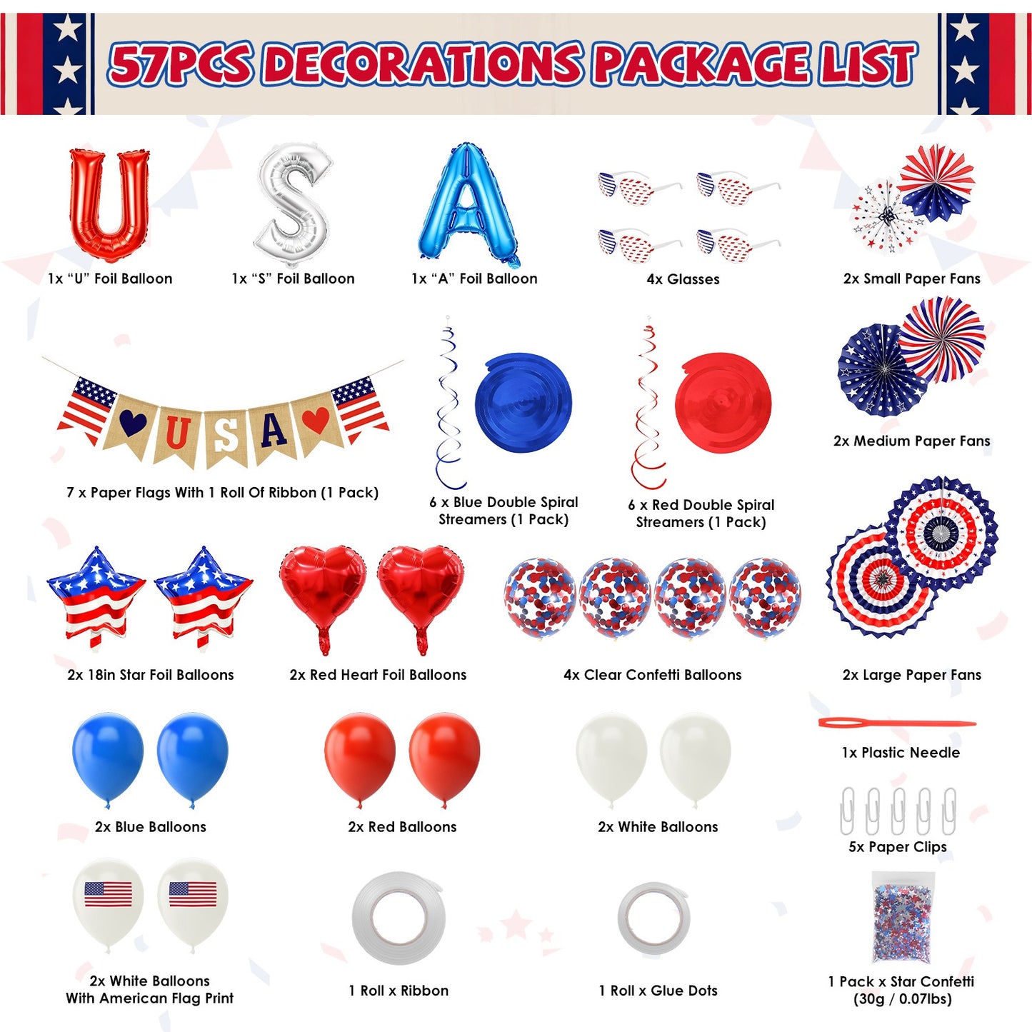 1Set 4th Of July Decorations Set,Patriotic Party Supplies With USA Foil Balloons Paper Fans Confetti Balloons Hanging Streamers Star Confetti Flags For Independence Day Memorial Day Veterans Day