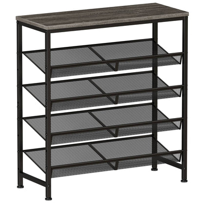 5 Tier Wood Top Shoe Rack, Industrial Storage For Entryway, Small Space Shoe Org