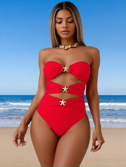 Maillot 1 Pièce Bandeau Ajouré Étoile de Mer - Rouge