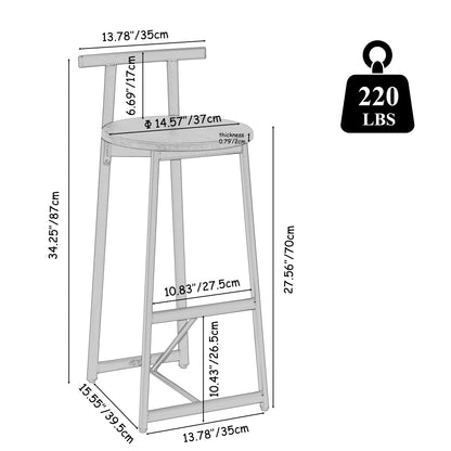 Lot de 3 Tabourets de Bar Métal avec Dossier - Hauteur Comptoir