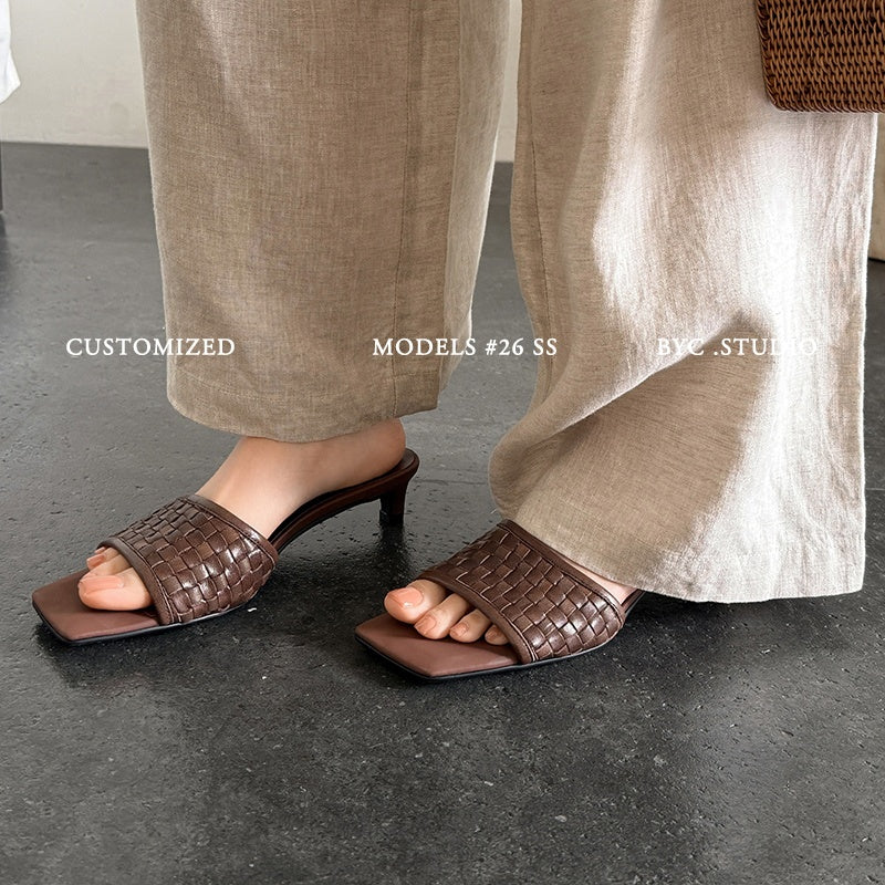 Women's Handmade Full - Grain Leather Woven Kitten Heel Slides, Square Toe Sheep