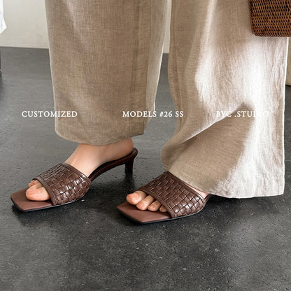 Women's Handmade Full - Grain Leather Woven Kitten Heel Slides, Square Toe Sheep