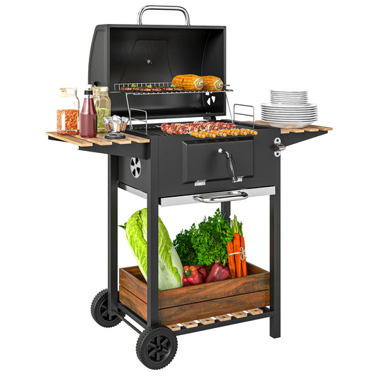 Charcoal BBQ Grill With Height Adjustable Charcoal Pan, Barbecue Smoker With Warming Rack, 3 Shelves, Temperature Gauge, Wheels, Bottle Opener For Outdoor Cooking Garden Party