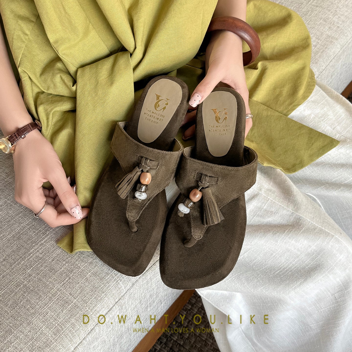 Women's Handmade Suede Beaded Tassel Thong Sandals, Open - Toe Bohemian Flat Sli