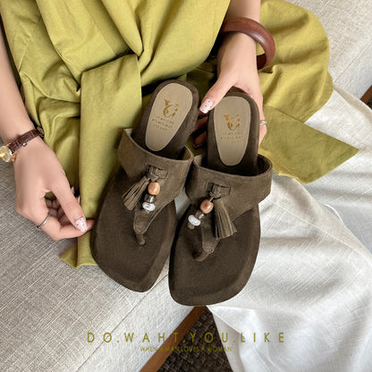 Women's Handmade Suede Beaded Tassel Thong Sandals, Open - Toe Bohemian Flat Sli
