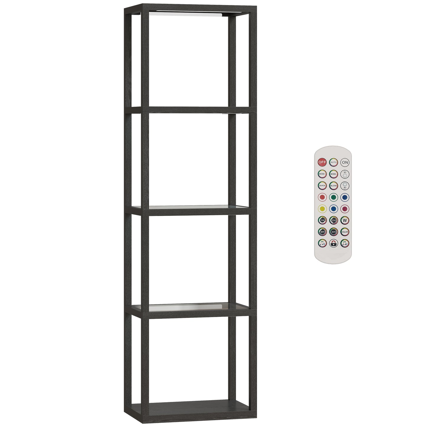 Lampadaire RGB avec étagères en verre, 4 niveaux LED, télécommande et synchronisation musicale, noir