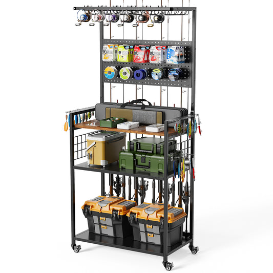 Fishing Rod Storage Rack With Pegboard, Rolling Tackle Organizer Cart, Multi-Tier Fishing Gear Stand For Rods, Reels, Tackle Boxes & Bags, Heavy Duty Metal Holders With Lockable Wheels