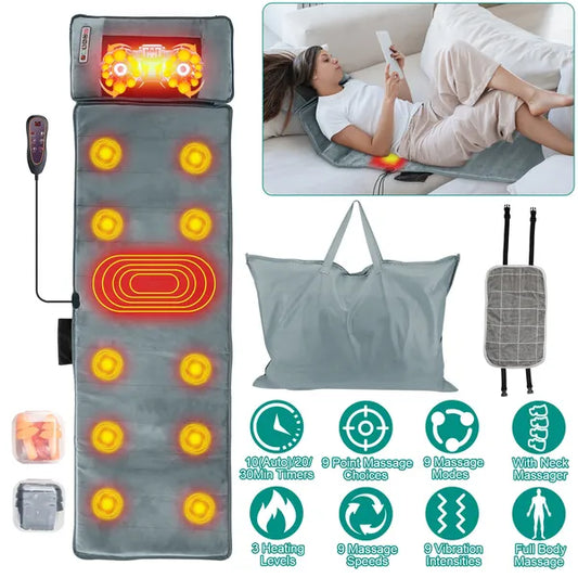 Full Body Massage Mat With Neck Kneading Massager - 10 Targeted Points & 3-Level Lumbar Heating, 9 Vibration Modes&9 Speeds, 20-Node Neck Massage -Heating & 3 Modes, 10-30min Smart Timer, Anti-Slip B