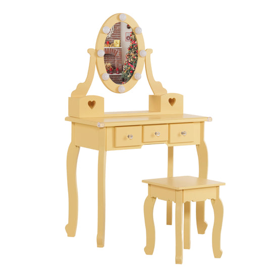 Kids Vanity Set With Mirror And Lights And Stool, 5 Storage Drawers, Pretend Play Princess Makeup Desk Dressing Table And Stool Set For Little Girls Age 3-, Macaroon Orange