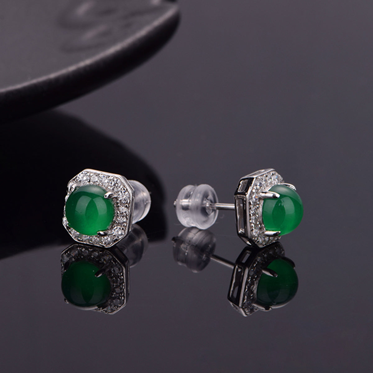 Boucles d'Oreilles Puces Halo Octogone Argent S925 - Chrysoprase