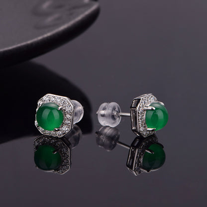 Boucles d'Oreilles Puces Halo Octogone Argent S925 - Chrysoprase