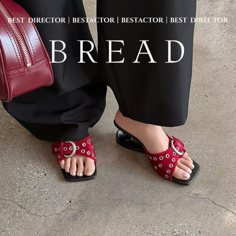Women's Handcrafted Horsehair Buckle Slide Sandals, Square Toe Sculptural Heel M