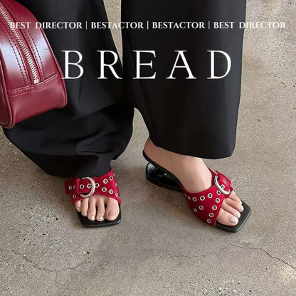 Women's Handcrafted Horsehair Buckle Slide Sandals, Square Toe Sculptural Heel M