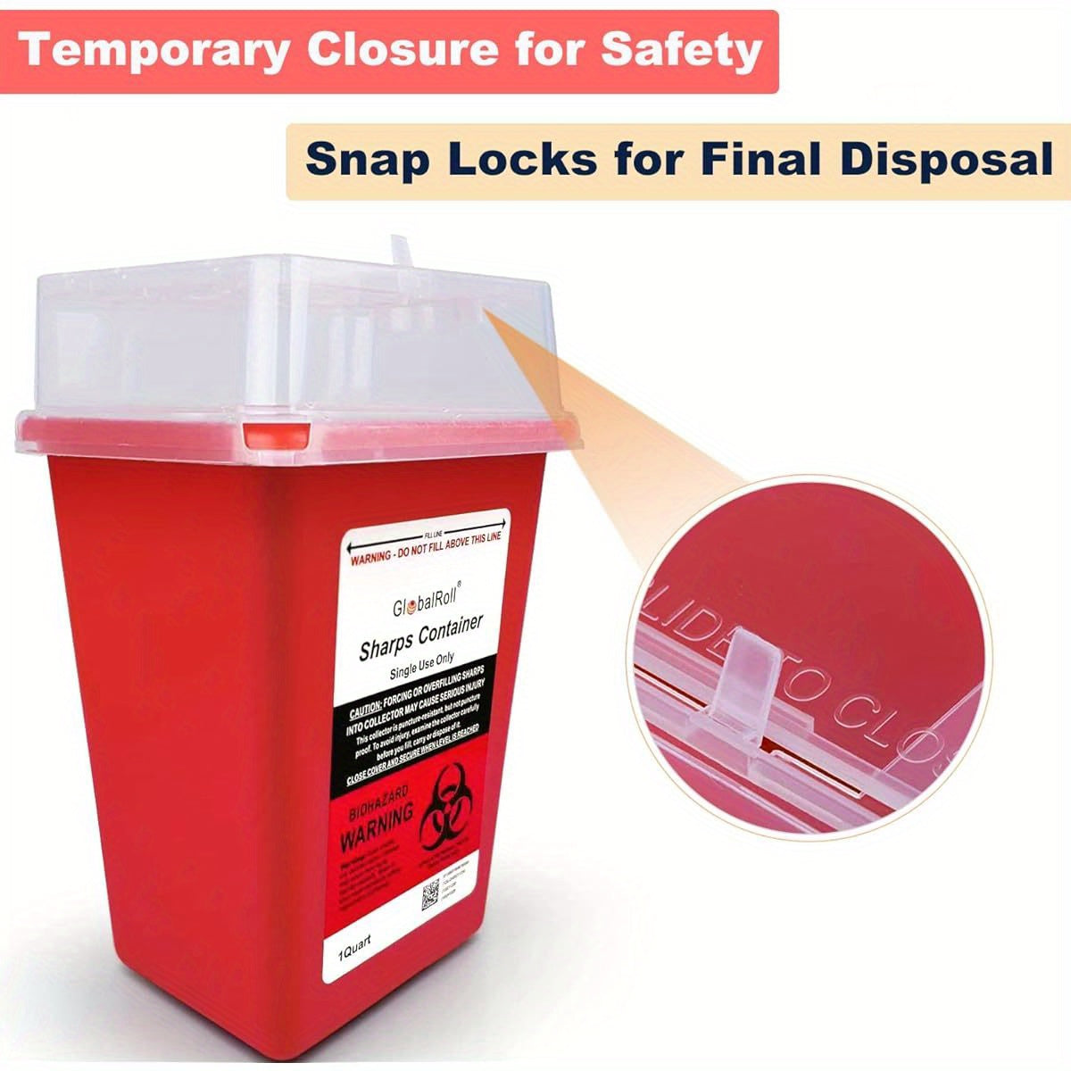 6 Pack GlobalRoll 1 Quart Sharps Containers - Biohazard Needle & Syringe Disposal Containers with Safety Lock, Red/Black Design for Home, Travel, Medical Use - OSHA & FDA Compliant, Sleek Oval Container, Secure Lid Closure, H