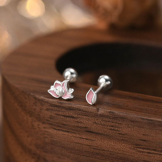 Boucles d'Oreilles Lotus Asymétriques Argent 999 Émaillé