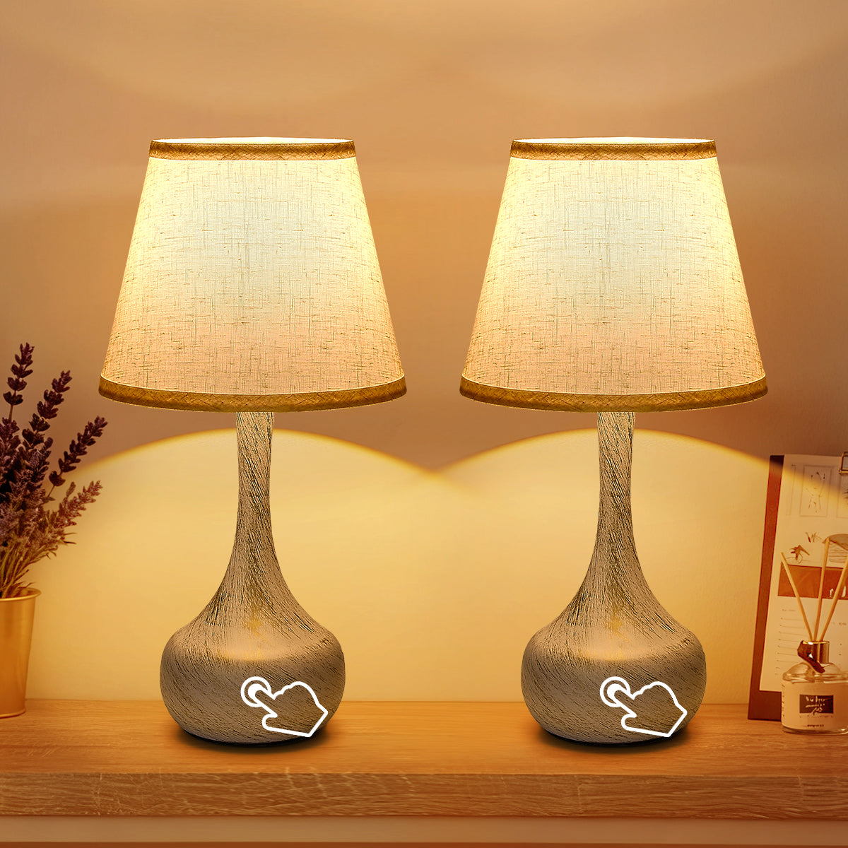 Lot de 2 lampes de chevet tactiles, variateur 3 niveaux, abat-jour tissu