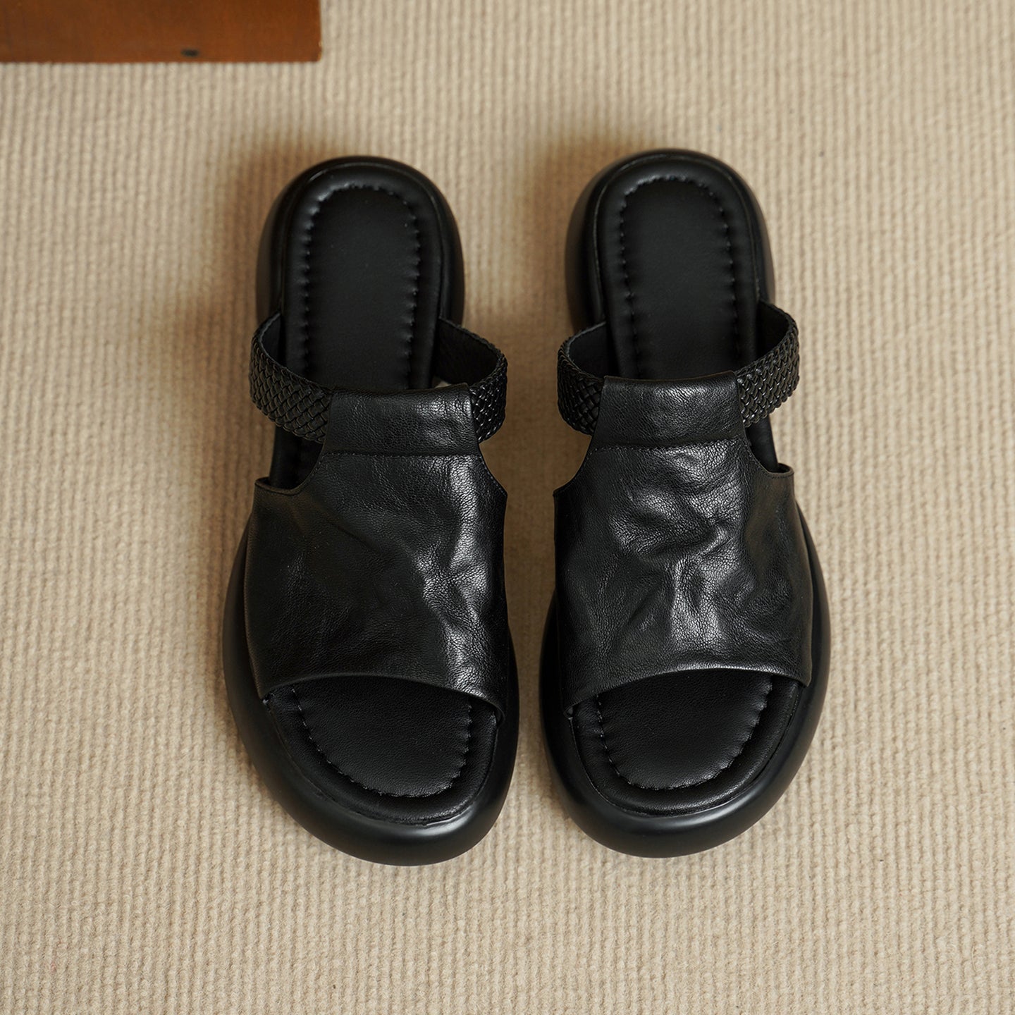 Women's Handmade Full - Grain Sheepskin Woven Platform Slide Sandals, Open - Toe