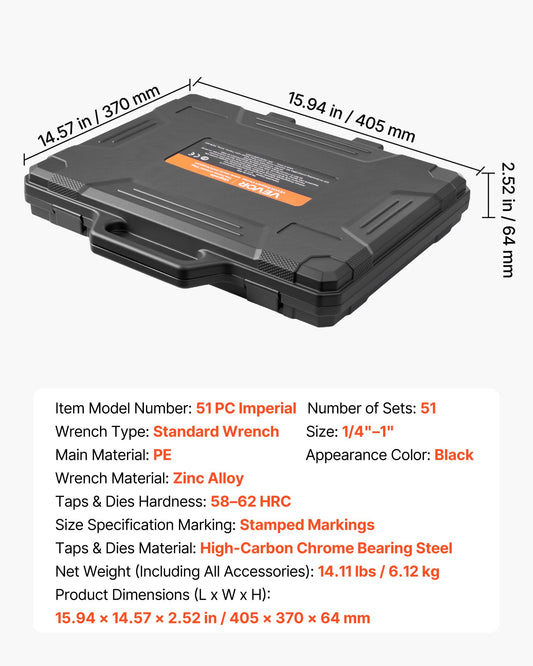 Tap And Die Set, 51-Piece SAE Sizes 1/4" To 1", With Coarse And Fine Thread Taps And Dies, Wrench, Carrying Case And Complete Accessories, Bearing Steel, For Threading And Rethreading Threads