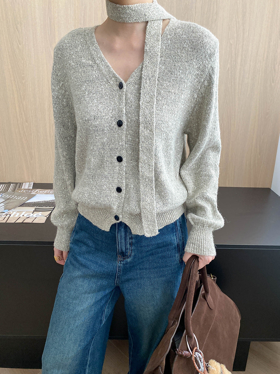 Southern Compass, Ambience HighlightSoft Ribbon Accent Slimming V-Neck Multicolor Floral Knit Cardigan Sweater