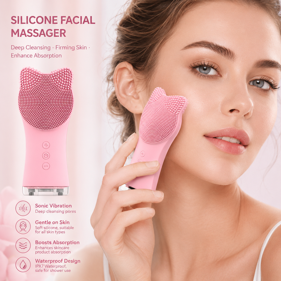 Handheld 2-in-1 Electric Silicone Facial Cleansing Brush, Exfoliator & Massager For Deep Cleansing
