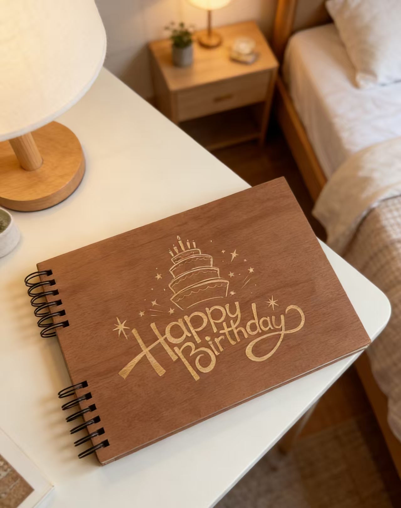 Happy Birthday Wooden Cover Spiral Guest Book