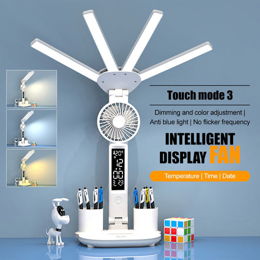 Lampe de bureau LED 4 têtes avec ventilateur, horloge, tactile et rechargeable