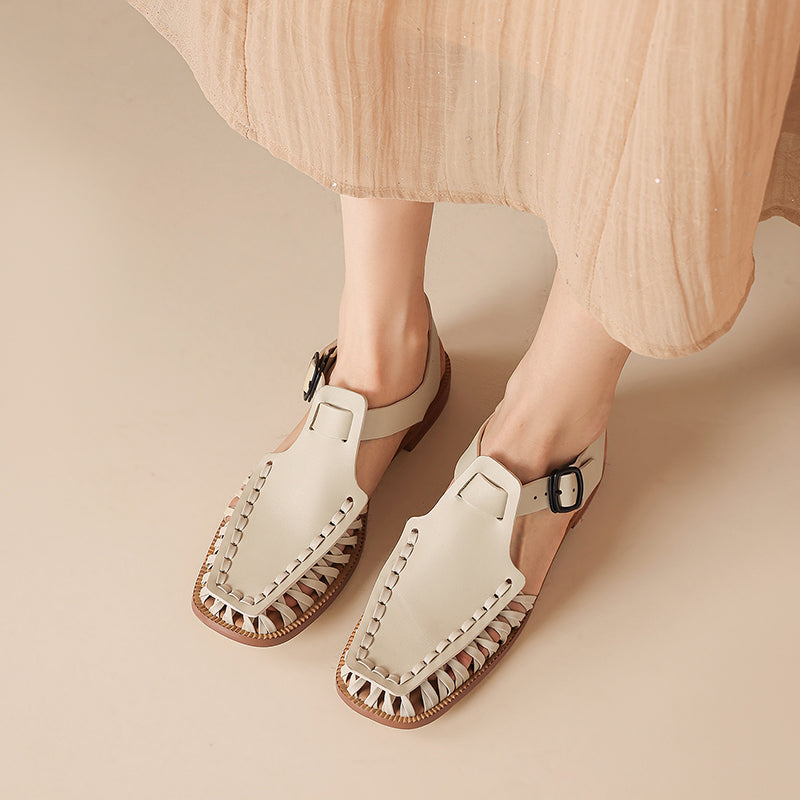 Women's Handmade Oil - Tanned Leather Fisherman Sandals, Cross - Strap Square To