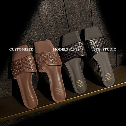 Women's Handmade Full - Grain Leather Woven Kitten Heel Slides, Square Toe Sheep