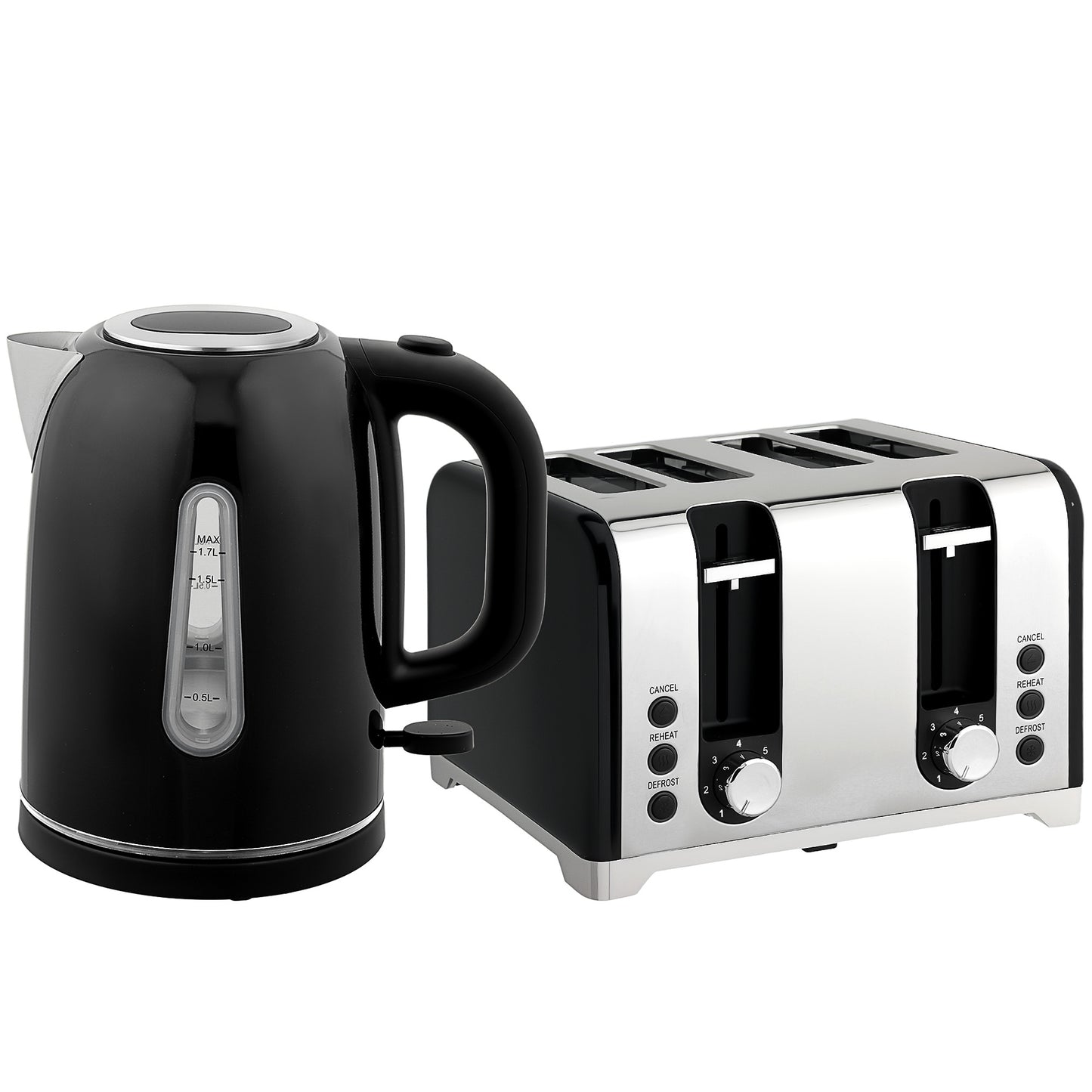 Set bouilloire et grille-pain, bouilloire 1,7 L 3000W avec filtre anti-calcaire, grille-pain 4 tranches LED, noir