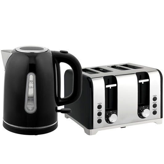 Set bouilloire et grille-pain, bouilloire 1,7 L 3000W avec filtre anti-calcaire, grille-pain 4 tranches LED, noir