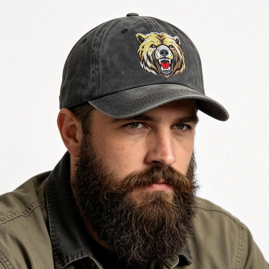 2pcs Roaring Grizzly Bear Embroidered Hat - Vintage Washed Cotton Baseball Cap For Men Women, Adjustable Unstructured Low Profile