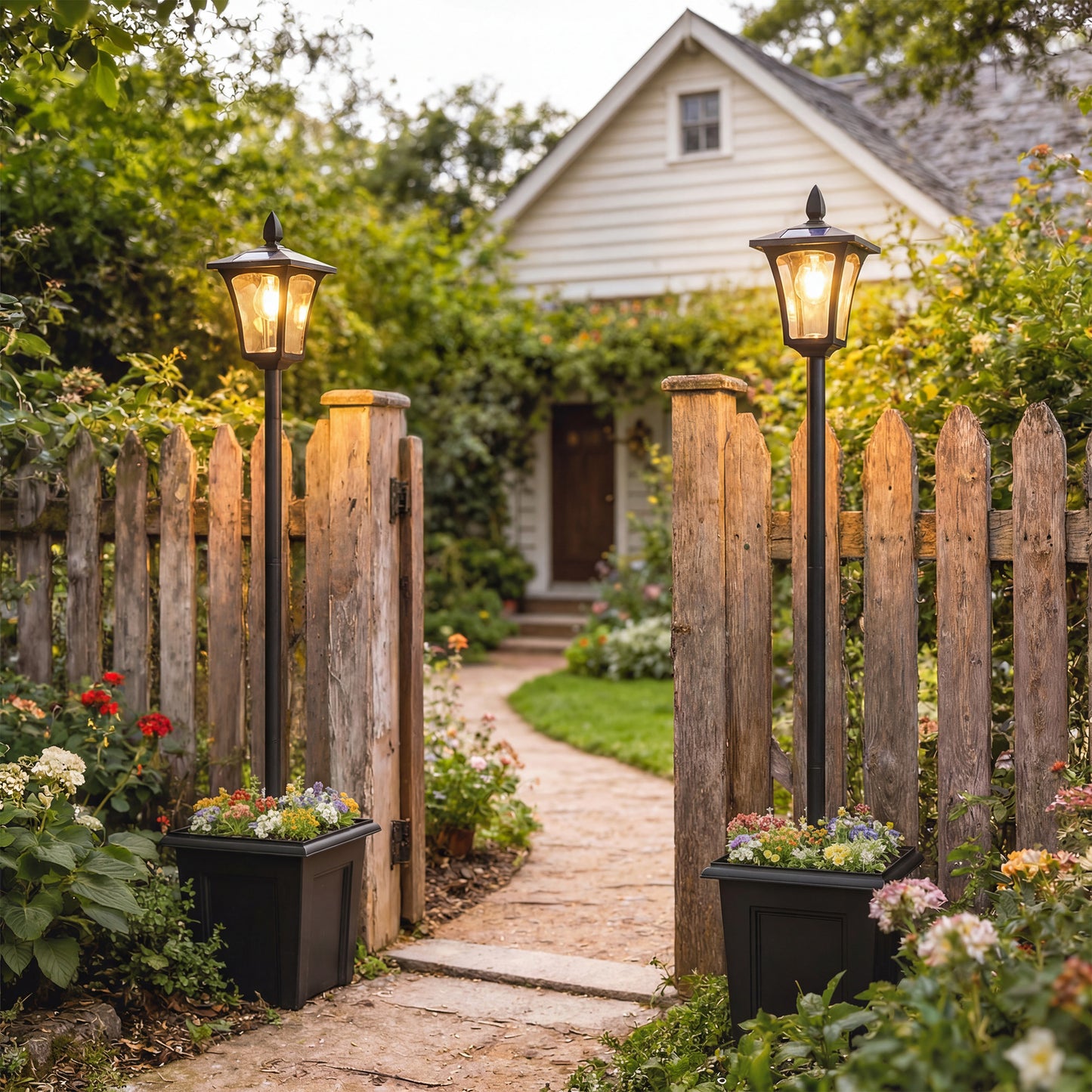 Lampadaires solaires sur poteau 63", lot de 2, étanches, avec jardinière, noirs