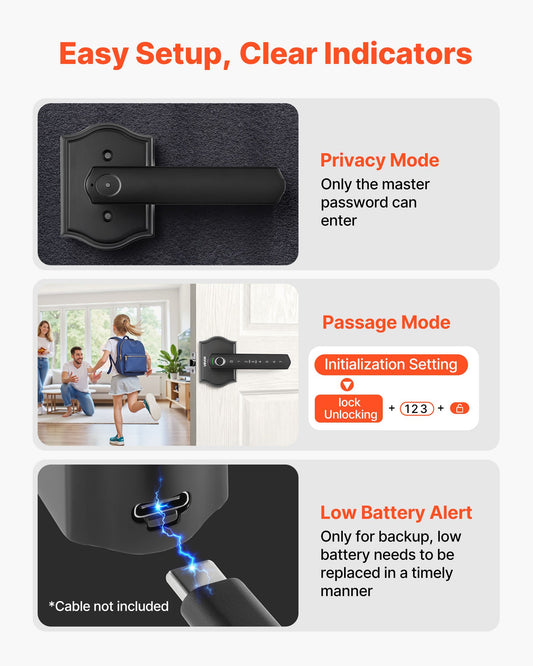 Fingerprint Door Lock Set, Electronic Biometric Knob Keyless Entry Door Lock With Handle, Auto Locking, One-Time Code, Anti-Peeking Password, Easy Installation, For Home, Apartment, Matte Black