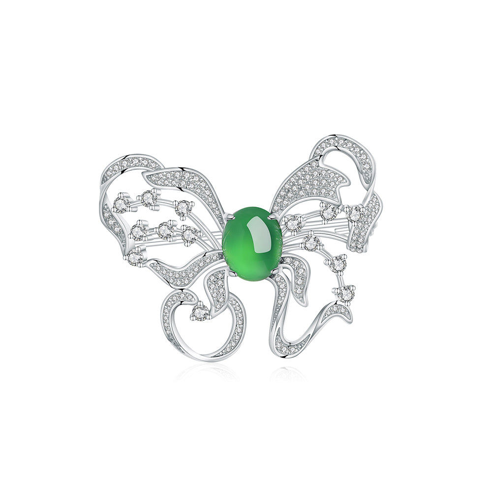 Broche Papillon Argent S925 - Chrysoprase Verte Cabochon