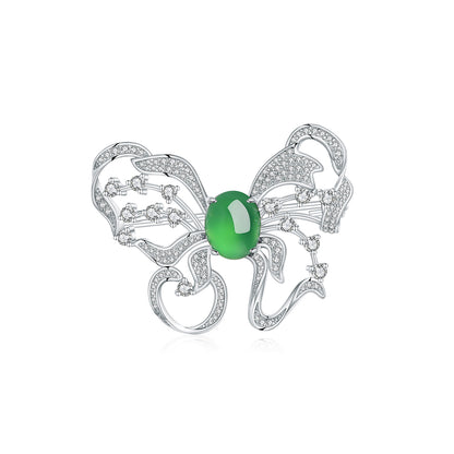 Broche Papillon Argent S925 - Chrysoprase Verte Cabochon