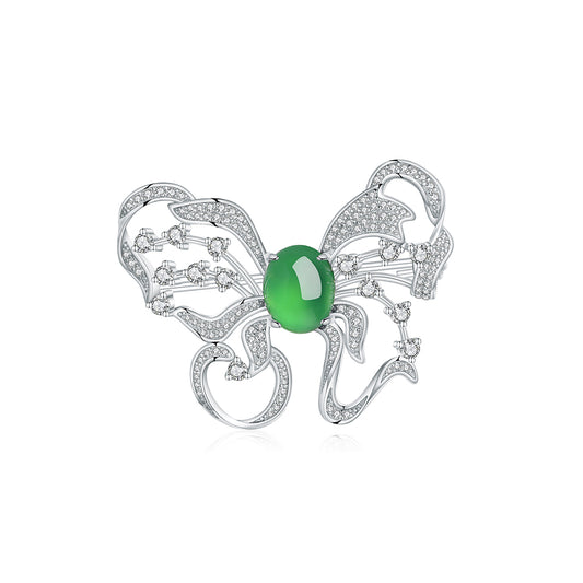 Broche Papillon Argent S925 - Chrysoprase Verte Cabochon