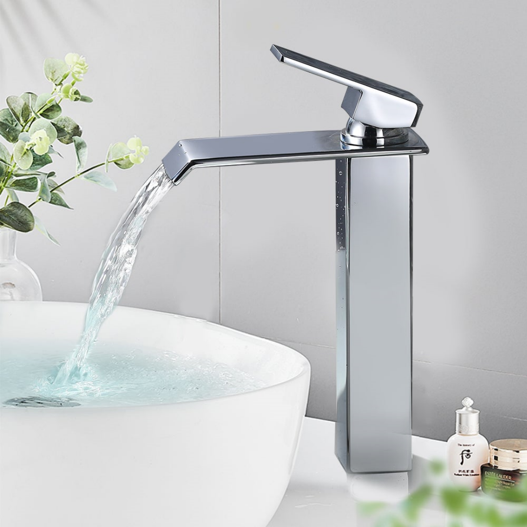 Chrome Cascade Bathroom Faucet, High Spout Brass Basin Mixer Tap, Modern Faucet For Vessel Sink