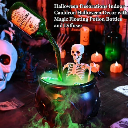 Halloween Spooky Witch Decor: Witch Cauldron, Floating Bottle Fog Machine & Skull LED Light – For Party & Home