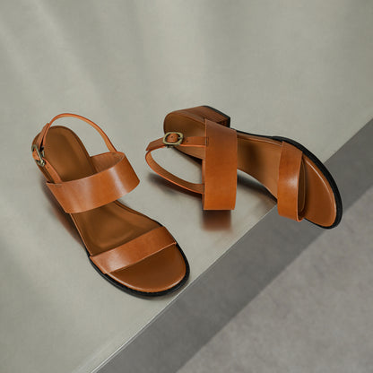 Women's Handmade Full - Grain Leather Double Band Block Heel Sandals, Adjustable