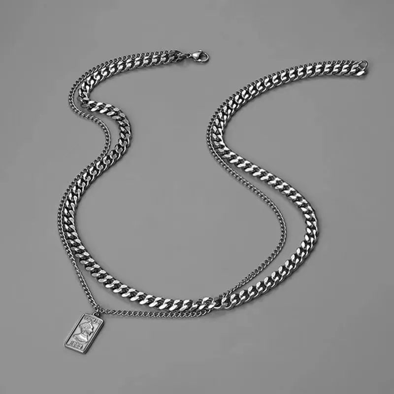 Collier Double Chaîne Cubaine Plaque Carrée Portrait - Hip Hop
