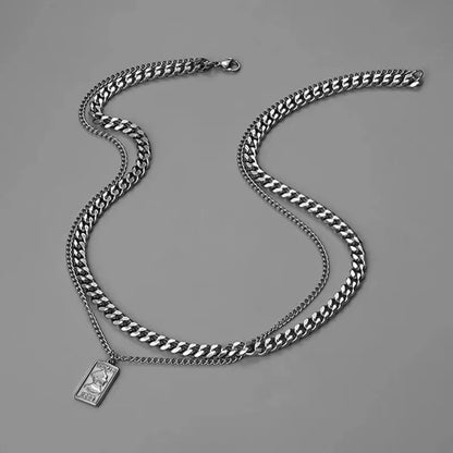 Collier Double Chaîne Cubaine Plaque Carrée Portrait - Hip Hop
