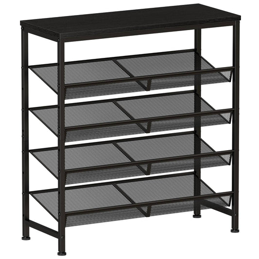 5 Tier Wood Top Shoe Rack, Industrial Storage For Entryway, Small Space Shoe Org